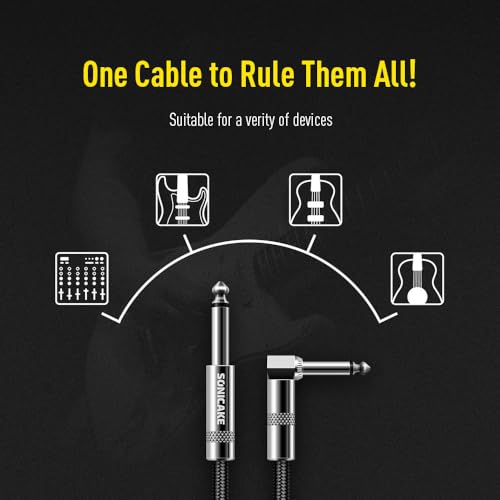 SONICAKE Braided Guitar Cable 6m/20ft Guitar Instrument Cable 6.35mm 1/4" Right Angle to Straight Black, 6M ST-RA Black - Image 3