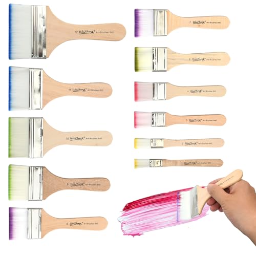 Juego de Pinceles Planos Anchos, 12 Pinceles de Madera, Profesionales para Barnices, Acuarelas, Óleos y Pinturas Acrílicas para Muebles. Cerdas de Nailon, Varios Tamaños
