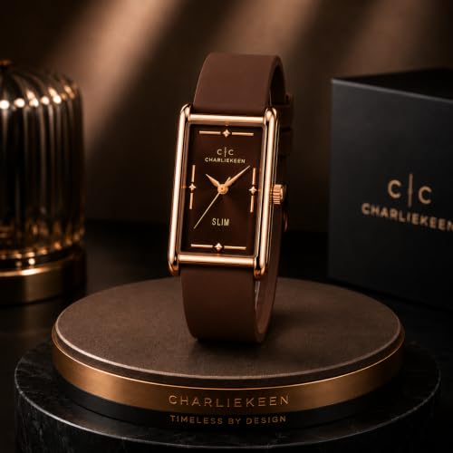 Image of CHARLIEKEEN Slim Rectangular Mens Analog Watch (Brown, Brown, Rose Gold) | SILICONE STRAP