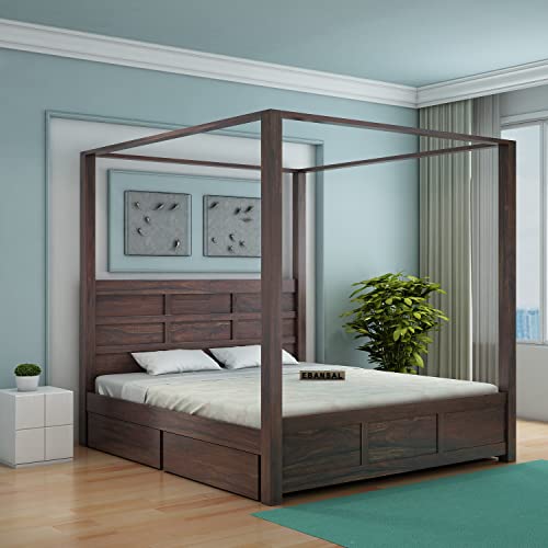 Image of Solid Sheesham Wood Queen Size Poster Bed 4 Drawer Storage for Bed Room Living Room Home Wooden Double Bed Palang Solid Wood Bedroom Furniture for Hotel (Walnut1 Finish)