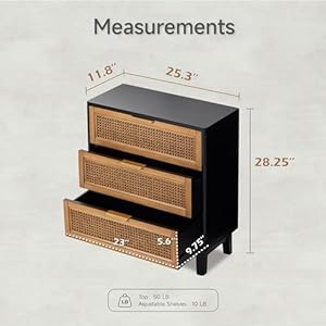 Farmhouse 3-Drawer Nightstand, Woven Cane Front Accent Dresser with Brass Pull, Fully-Assembled, Black Farmhouse 3 Drawer Nightstand Woven Cane Front Accent Dresser with Brass Pull Fully Assembled Black