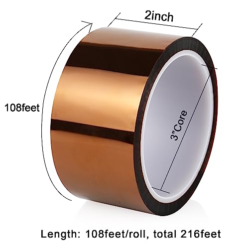 Image of BOMEI PACK Polyimide Tape, 2 Pack High-Temperature Resistant Tape 2inch x 33m(108ft), No Residue Heat-Resistant Tape for Electric Task, 3D Printing, Soldering, Sublimation, Masking