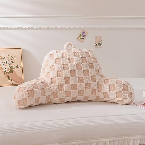 Image of Aimuan Reading Pillow Checkered Bed Rest Wedge Backrest Checkerboard Pillow with Arms Back Support for Sitting Up in Bed Cushion Incline Rest Sleeping Snoring Pillow (Beige,Standard)
