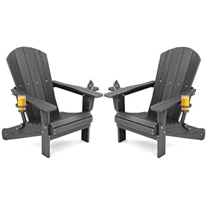 SERWALL Foldable Adirondack Chair Set of 2, HDPE Adirondack Chair with Wood-Texture-Gray