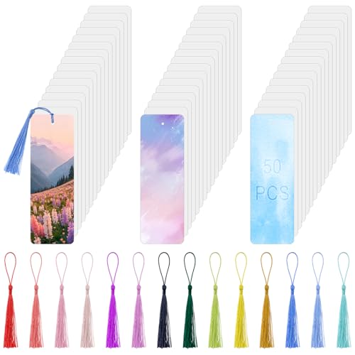 Afcabakila 50 Pcs Sublimation Bookmark Blank Bulk DIY Bookmarks with Colorful Tassels 2x6 Inch White Cardstock Blank Bookmarks for Custom Heat Transfer Crafts and Personalized Gifts