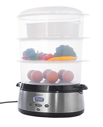 KeMar Kitchenware Dampfgarer, vollständig BPA-frei, 3 Dampfkörbe, 9 Liter, 800W, Timer, inklusive Reisschale, Edelstahl Cover