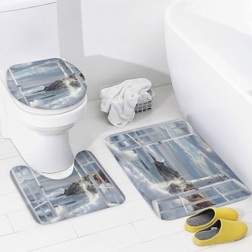 TOWINSFB 4Pcs Coastal Window Lighthouse Shower Curtain Sets Bathroom Decor, Ocean Wave Seaside Scenery Shower Curtain with Non Slip Rug, Toilet Lid Cover, Bath Mat and 12 Hooks 72W x 72L - Image 4