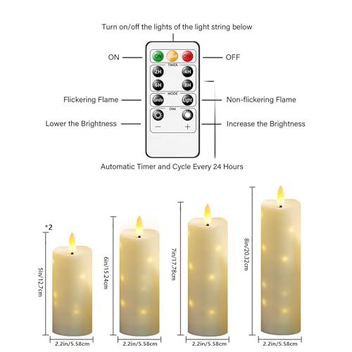 Image of kakoya Outdoor Waterproof Flickering Flameless Candles with Timer,5Pcs Battery Operated LED Pillar Candles with Embedded Star String for Outdoor Lanterns,Porch,Patio Decor(Ivory)
