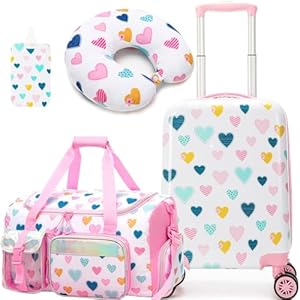 Kid’s Luggage Set 3 Piece Suitcase Set 16″ Hardside Luggage with Spinner Wheels Girls Carry on Toddler Travel Rolling Suitcase with Duffle Bag Neck Pillow Airline Approved