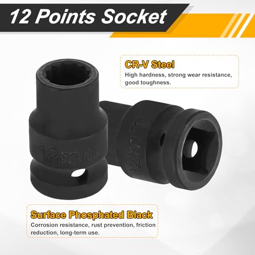 Image of HARFINGTON 2pcs 1 /2 inch Drive x 12mm Shallow Impact Socket 12-Point Metric CR-V Steel Spindle Nut Impact Flip Sleeve for Home Auto Nuts Bolts Repair