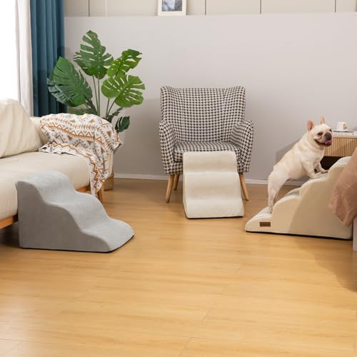 Image of Aodisman Dog Stairs for High Beds,5 Step Pet Ramp for Dogs and Cats,22.4 inch H | High-density foam dog steps for beds and window sills, with a non-slip bottom for puppy and older cat,comfortable,Light Grey