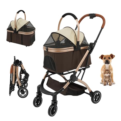 Passeggino pieghevole 4 in 1 per cani fino a 50 kg, con ruote, cestino portaoggetti e cinture di sicurezza, passeggino rimovibile per gatti e cani di piccola taglia, 66 x 53 x 105 cm (caffè+cachi)