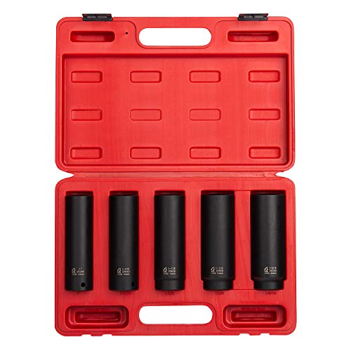 Sunex 2845, 1/2 Inch Drive Extra Long Deep Impact Socket Set, 5-Piece, Sae, 1" - 1-5/16", Cr-Mo Alloy Steel, Heavy Duty Storage Case #TOP5