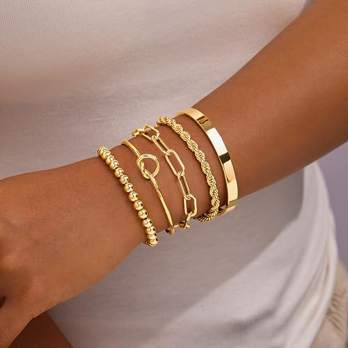image for Gokeey Gold Cuff Bracelets for Women Waterproof, 14K Gold Plated Chunk