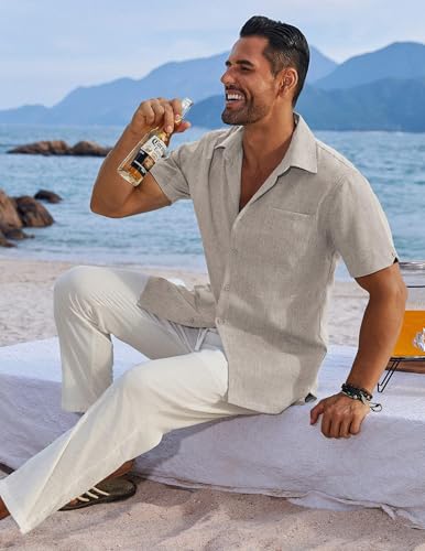 Image of COOFANDY Men's Button Down Shirts Short Sleeve Casual Shirts Summer Beach Linen Shirts with Pocket