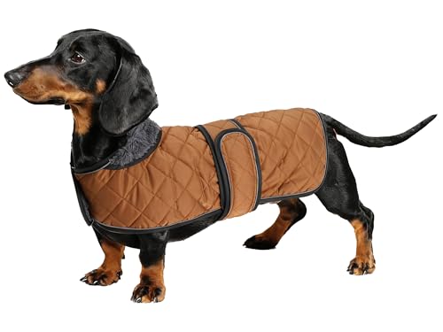 Geyecete - Warmer wintermantel für dackel Hunde,Hunde Winterjacken mit plüschfutter,Outdoor jacken mit verstellbaren gürtel und Kabelbaumloch,für mittelgroße und Kleiner dackel-Braun-M