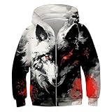 Boys 3D Graphic Zip Up Hoodie Youth Black White Wolf Hoody Sweatshirt Fall Winter Spring Casual Sport Hooded Pullover Size 10-12T