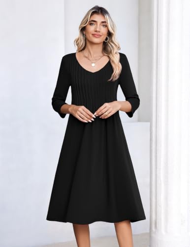 Image of Zeagoo 3 /4 Sleeve Women's Dress Pleated Midi Casual Dresses with Pockets
