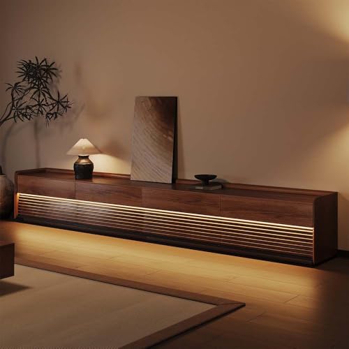 POVISON Fully-Assembled Mid Century Modern TV Stand, 118.11" Wood Media Console with Adjustable LED Light, Entertainment Center with Storage for Living Room