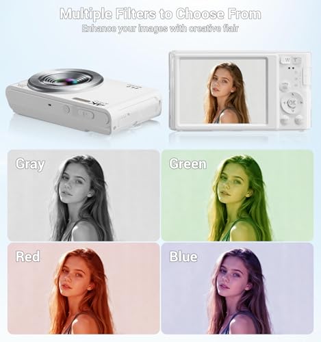 Image of Digital Camera 4K, Autofocus Digital Compact Digital Camera,16X Digital Zoom Upgraded Travel Camera with 64GB SD Card,2 Batteries,Small Camera for Teens Kids Boys Girls,White