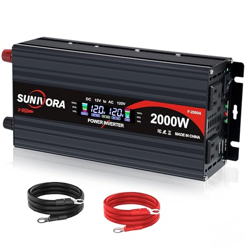 Image of Sunivora 2000 Watt Inverter with LCD Display 12V DC to 110V/120V AC 60HZ Car Power Inverter with 2 AC Outlets & Dual USB Ports for Car RV Truck Camping