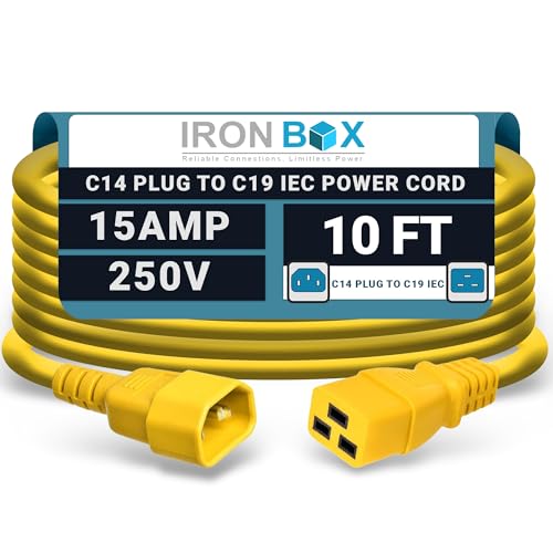 Image of IronBox Electric - Heavy-Duty C14 to C19 Power Cord, 15A, 250V, 14 /3 SJT - IEC60320 PC Cable for Computer Extensions, Monitor, PSU - C14 Male to C19 Female Connector Power Cable - (Yellow 10 Foot)