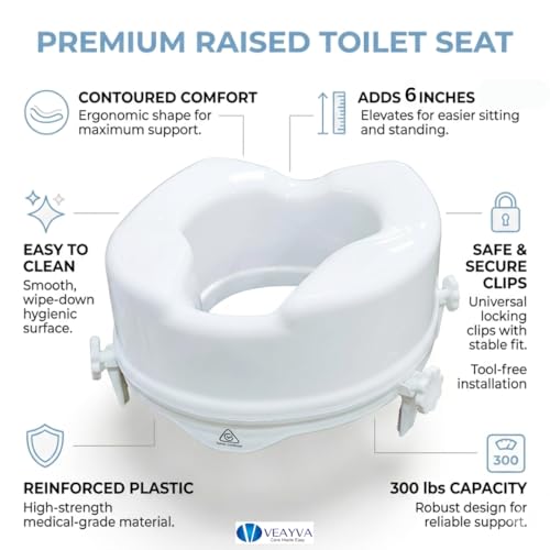 Image of VEAYVA Raised Toilet Seat 6 Inch with 4 Clips | Commode Elevator and Raiser Adds More Stability and Safety