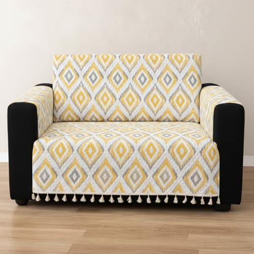 Image of House of Quirk IKATRA Series Quilted Printed Sofa Cover for Indian Sofa Set with Side Pocket - Premium Washable, Anti-Slip, Durable & Ultra Soft Fabric Protector (Sunburst, One Seater)