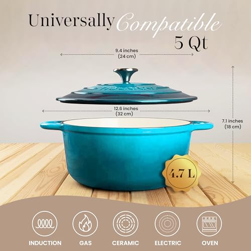 Image of Cast Iron Pot with Lid - Non-Stick Ovenproof Enamelled Casserole Pot, Oven Safe up to 500 F-Sturdy Dutch Oven Cookware - Blue, 5-Quart, 24cm-by Nuovva