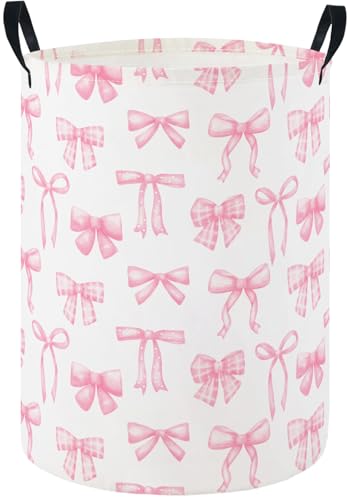 Image of HIYAGON Baby Laundry Hamper Basket Baby Hamper for Nursery Boy and Girl Cute Kids Toys Storage Bin Organizer Boho Room Decor(Pink Bowknot)