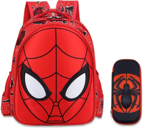 cartoon spidey schoolbag, with a pencil case, features a 3D design. It's waterproof, large - capacity, suitable for primary school boys, and ideal for back to school. (14in)