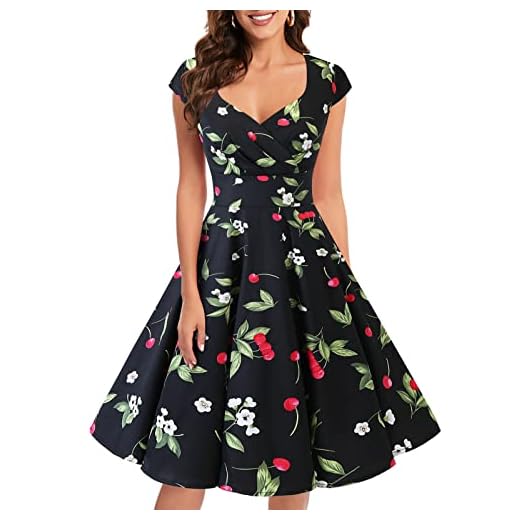 bbonlinedress Dam 50-tal 60-tal rockabilly klänning keps ärm vintage swing party klänning, Svart liten körsbär, 3XL