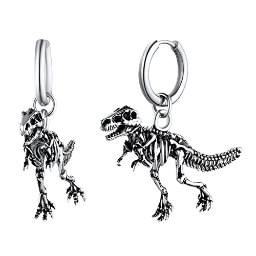 U7 Dragon Earrings Stainless Steel/18K Gold/Black/S925 Sterling Silver Hoop Earrings for Men Women, Personalized Punk Rock Huggie Earrings, Hypoallergenic 03.Tyrannosaurus Rex-Stainless Stee