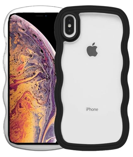 Image of GoldKart iPhone Xs Max Case Wavy Edge Clear Back Design, Anti-Slip Grip Cute Wave Curly Frame Shape Shockproof Soft TPU & Hard PC Bumper Protective Phone Case Cover for Women Girls - Black