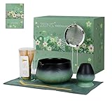 ZENS Matcha Set, Matcha Tee Set mit Matt Keramik Matcha Schale, Matcha-Pulversieb, Matcha Besen, Besenhalter und Bambusschaufel & Teetuch, Geschenk für Matcha-Liebhaber, Schwarze & Grün