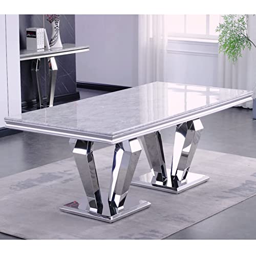 Acedécor Silver Dining Table, Modern 78" Rectangular Dining Room Table For 6 To 8, Stylish Silver Mirror Stainless Steel Metal Geometric Base #TOP23