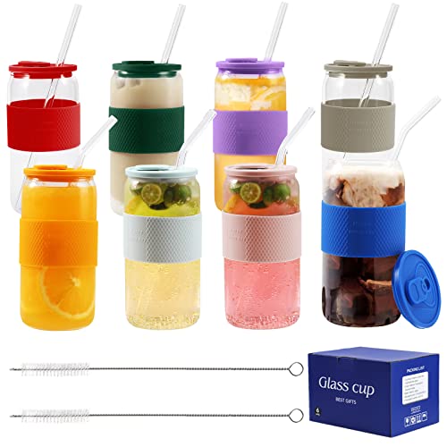 Glasbecher mit Deckel und Strohhalmen, 8-teiliges Set, 473 ml, Trinkgläser mit bunter Silikonhülle, Eiskaffeebecher, Biergläser, Cocktailgläser Cover