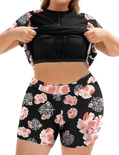 COOTRY Plus Size Two Piece Rash Guard Women Short Sleeve Bathing Suit Zip Up Swimsuit Built in Bra Swim Suit Swimwear Orange Floral 2XL2