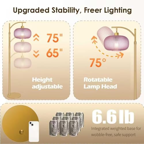 Image of Glass Floor Lamp for Living Room,Modern Standing Lamp with Pink Lamp Shade | Dimmable Gold Tall Floor Lamp for Bedroom Office with Remote Control , 1 x 12W LED Bulbs Included