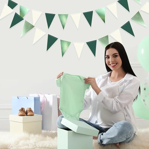 Image of Sage Green Decorations Hanging Paper Pennant Banner Flag Green Beige Triangle Bunting Garland for Birthday Baby Shower Wedding Engagement Neutral Safari Wild One Woodland Jungle Theme Party Supplies