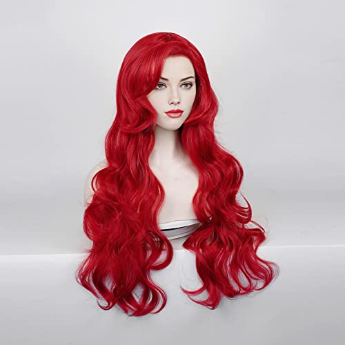 Labeauté Max Beauty Red Mermaid Wigs With Starfish Hair Clips, Curly Long Hair Daily Wig Heat Resistant Synthetic Fiber For Halloween For Cosplay For Christmas For Ariel (Red 1) #TOP3