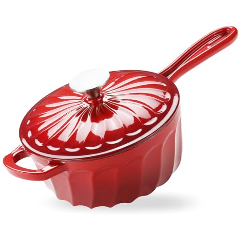 Enameled Cast Iron Sauce Pan, 2 Quart Enameled Milk Sauce Oven, Mini Dutch Oven Enamel Saucepan for Cooking Pasta Sauce, Gravy, Puddings, Marinate, Boiling (Gradient Red)