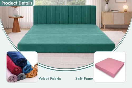 Image of Rosebell -3 Seater Upholstered Armless Sofa Cum Bed with Backrest | Velvet Fabric Finish | Modern Living Room & Bedroom -Green
