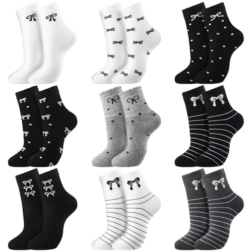 Patelai 9 Pairs Cute Floral Socks Women Bow Ankle Crew Socks with Ruffle Tulip Flower Cottagecore Frilly Cotton Knitted Gifts(Bow,Small)