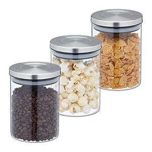 Relaxdays Set da 3 Barattoli per Alimenti, Recipienti in Vetro con Coperchio Acciaio Inox, 650 ml, Trasparente Argentato, 60% 30% 10% Silicone