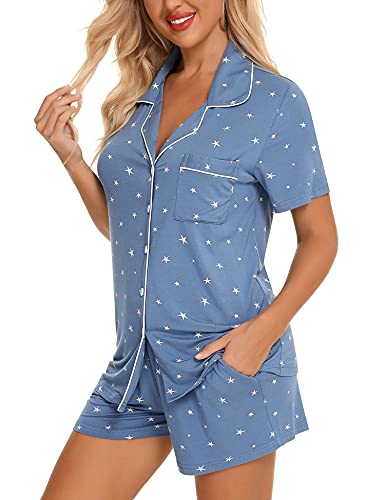 Women's Button Up Pajama Set Short Sleeve Sleepwear Soft Pjs Lake Blue Stars S #TOP2