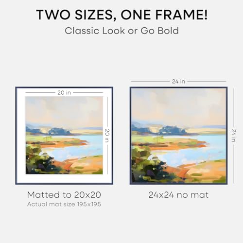 Image of Homeforia 24x24 Picture Frame Navy Blue, High End Metal 24 x 24 Large Square Poster Frame with Mat 20 by 20 inch Photo, 24by24 Thin Frames Matted to 20x20 for Print, Tempered Glass, Wall Kit, Set of 2