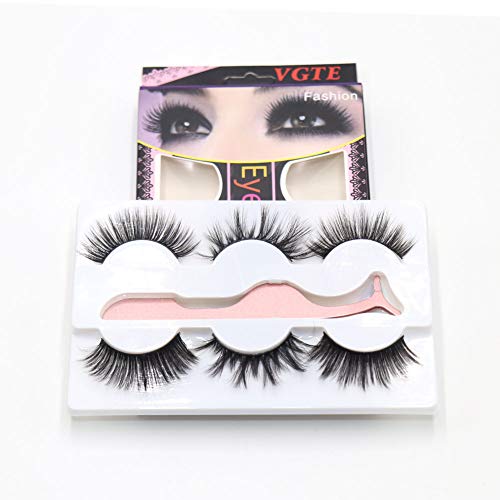 VGTE 3D False Eyelashes Handmade Dramatic Thick Eyelash Nature Fluffy Long Soft Reusable Lash with Eyelashes Applicator Tweezers (3 Pairs)