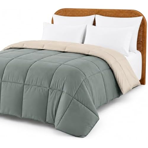 Modern Threads Comforter Duvet Insert, Reversible Quilted Down Alternative Comforter with Corner Tabs, All Season Bedding, Queen, Sage Green/Cream