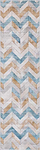 Rugs.com Leipzig Collection Runner Rug – 10 Ft Runner Blue Low-Pile Rug Perfect for Hallways, Entryways